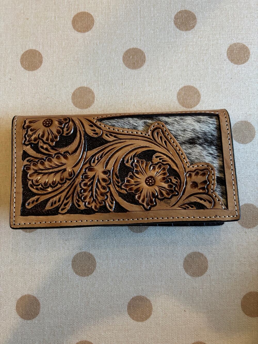 Cowhide Leather Tooled Checkbook Style Wallet with Animal Hair